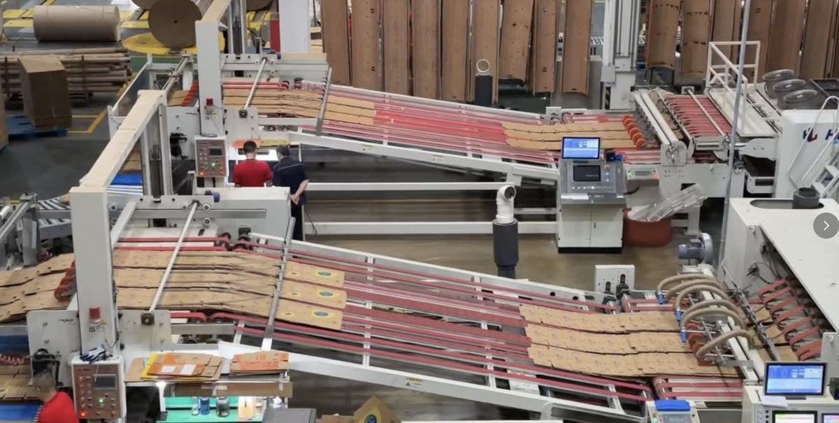 Corrugated carton folder-gluer production line: printed carton blanks moving along conveyors during a production run