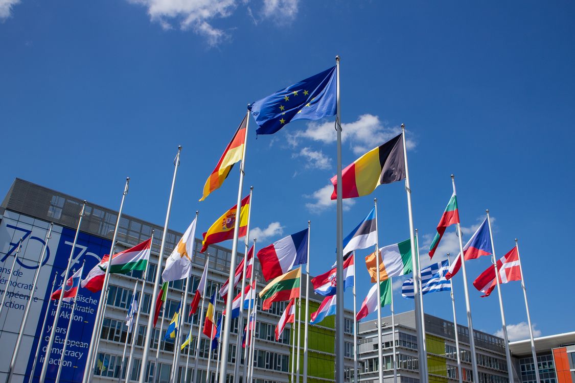 EU flag flying above the flags of Member States outside the European Parliament